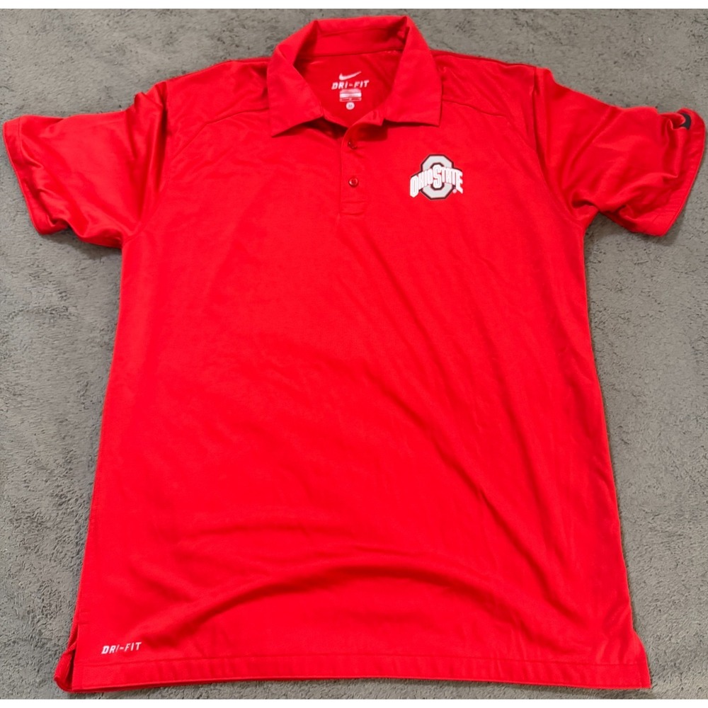 Nike Ohio State Buckeyes Polo Shirt Mens M Red Dri-Fit OSU Logo Spellout Golf